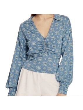 Free People Blue Printed V-Neck Ruched Women's Top
